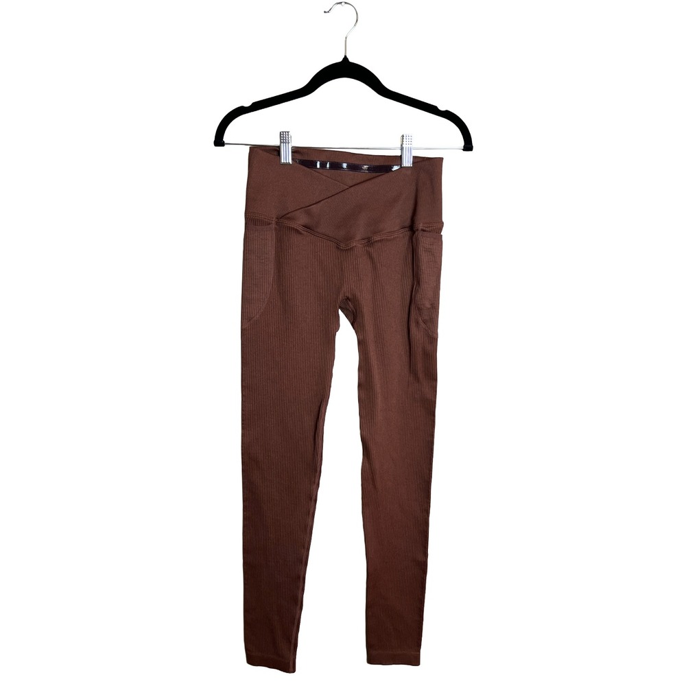 Mirity Womens Brown Ribbed Crossover Waist Leggings with Pockets Size Medium
